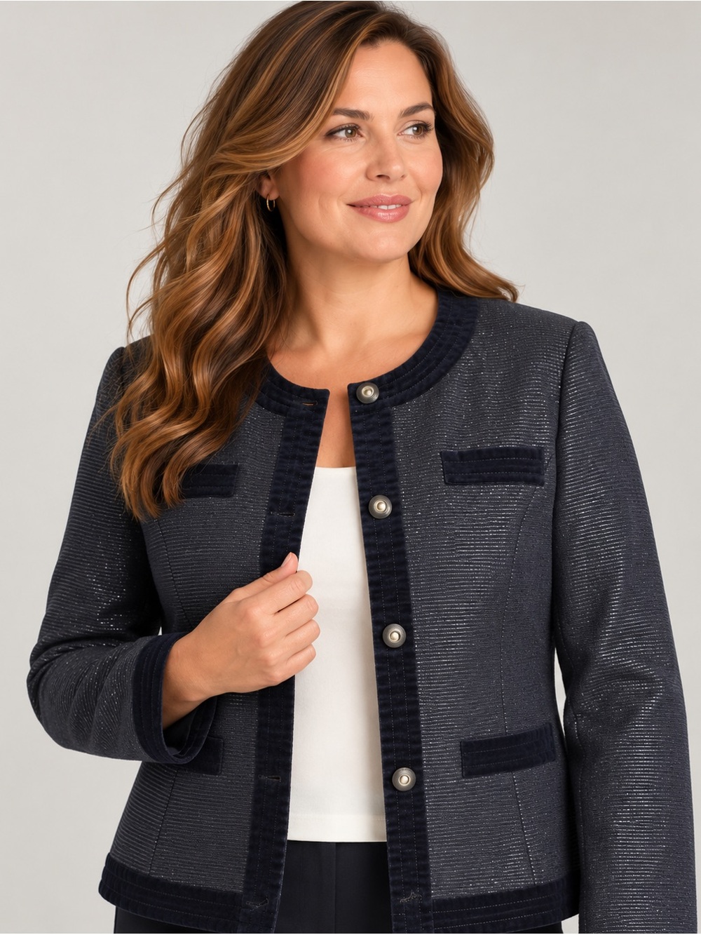 Navy Shimmer Collarless Blazer Velvet Trim Jacket NWT Size 14